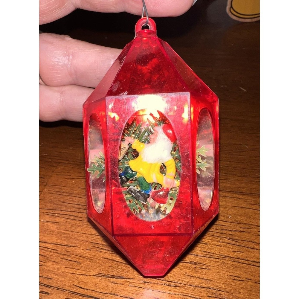 Vtg 1970s Jewel Brite Diorama Christmas Ornament Red Hexagon Lantern Gnome MCM